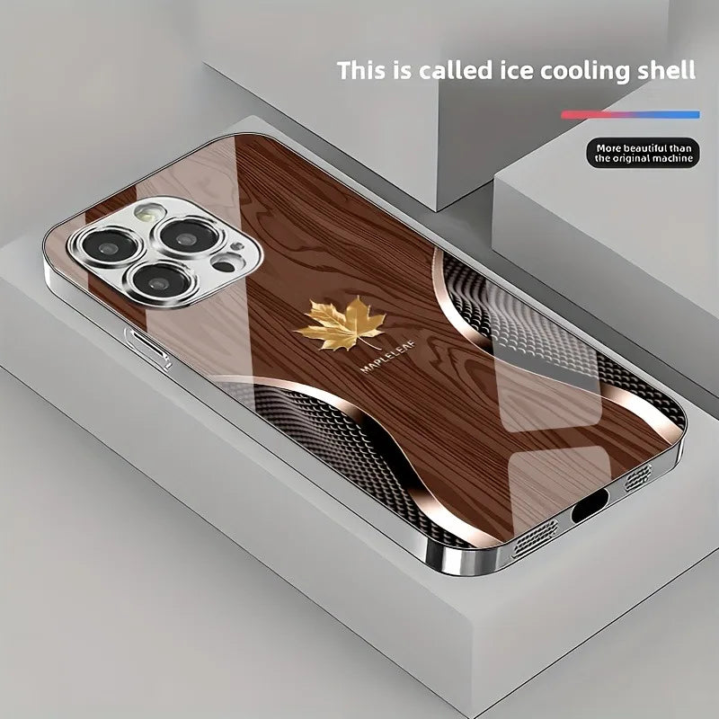 Gouden Esdoornblad & Houtnerf Hoesje voor iPhone – Gehard Glas – afbeelding 1